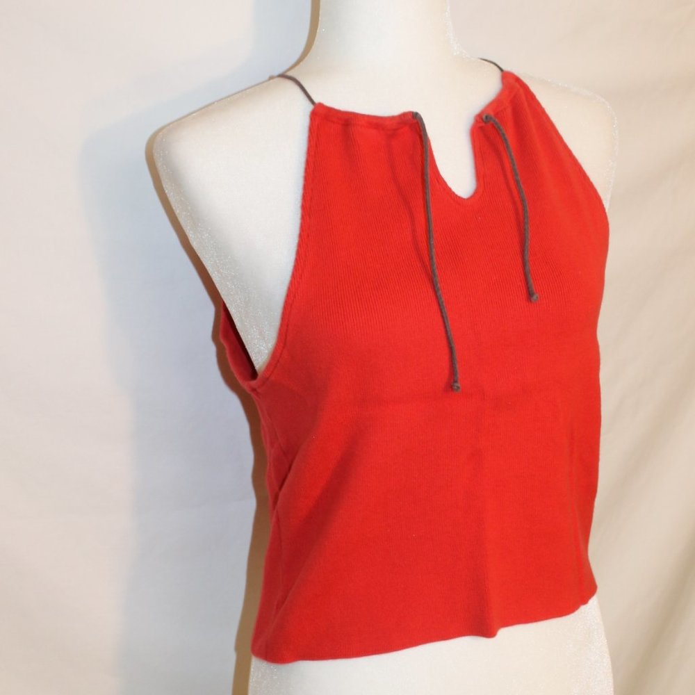 VTG NEVADA Y2K RED LARGE 14/16 KNIT SLEEVELESS TANK TOP BROWN DRAWSTRINGS CROP